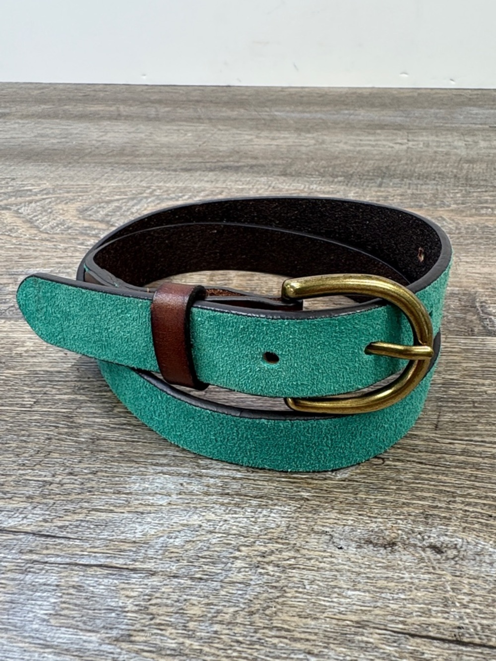1937 Accessories Teal Green Suede Leather Belt Brass Buckle Made in USA Size XS